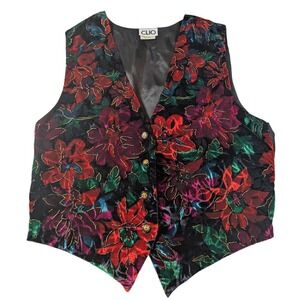 90s Vintage Velvet Vest Jewel Tone & Black Moody‎ Florals Gold Thread M fits S